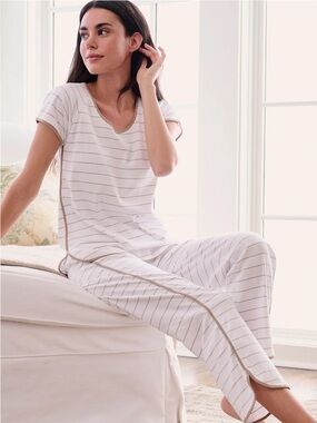 Lake Striped Two-Piece PJ Set in White and Taupe Size Small Driftwood Striped